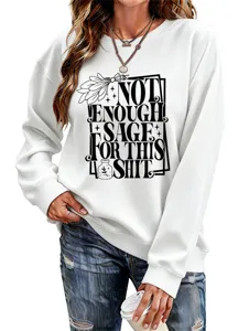 White long sleeve sweatshirt for women with humorous letter print, casual pullover top.
