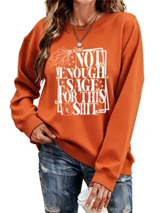Casual long sleeve sweatshirt for women, funny sage print pullover top in orange.