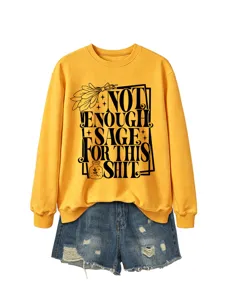 Women casual long sleeve crewneck sweatshirt with novelty slogan print and denim shorts.