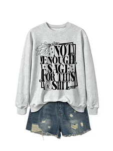 Women grey long sleeve sweatshirt with funny text print matched with denim shorts.