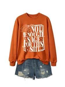 Casual autumn long sleeve orange sweatshirt with witty graphic text print for women daily wear