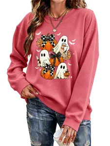 Damen Mode Süß Geist Kürbis Fledermaus Druck Lässig Langarm Rosa Halloween Sweatshirt