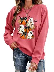 Modische Damen Halloween Geist Kürbis Grafik Langarm Rosa Casual Pullover Sweatshirt