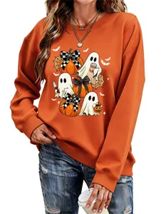 Damen Halloween Geist Kürbis Grafik Druck Pullover Langarm Shirt Detail Ansicht