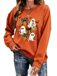 Damen Halloween Geist Kürbis Druck Langarm Sweatshirt Freizeit Pullover Oberteil Detail