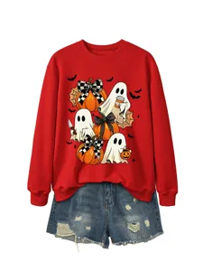 Detailansicht des roten Damen Sweatshirts mit niedlichem Halloween Geist und Kürbis Print.