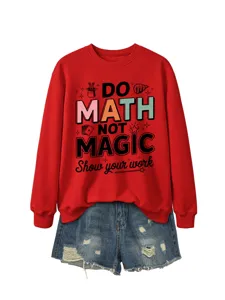 Damen roter Langarm Pullover mit niedlichem Mathe Buchstaben Druck Freizeit Sweatshirt.