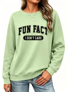 Sweat-shirt décontracté vert pour femme avec imprimé lettre fun fact pour le quotidien.