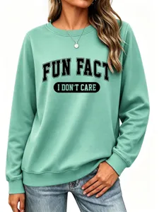 Sweat-shirt col rond vert menthe avec imprimé slogan, pull décontracté manches longues femme.