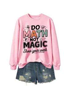 Rosa Grafik-Sweatshirt mit lustigem Mathe- und Zauber-Slogan-Druck, langärmliger Pullover.