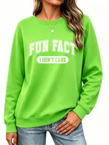 Sweat-shirt vert à col rond pour femme avec imprimé slogan, haut décontracté.