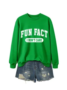 Sweat-shirt vert décontracté pour femme avec col rond et impression de lettres tendance.