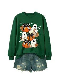 Grüne Damen Halloween Sweatshirt Süße Geist Kürbis Grafik Langarm Pullover mit Jeansshorts