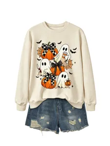 Damen Halloween Geist Kürbis Sweatshirt Jeans Shorts Outfit Lässiger süßer Langarm Pullover