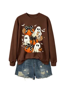 Damen Halloween Geist Kürbis Print Sweatshirt passend Jeansshorts süßes Outfit Set