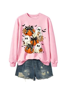 Rosa süßer Halloween Geist Kürbis Grafik Druck Langarm Rundhals Sweatshirt Oberteil
