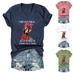 Women funny chicken graphic V-neck short sleeve casual T-shirt with multiple color options.