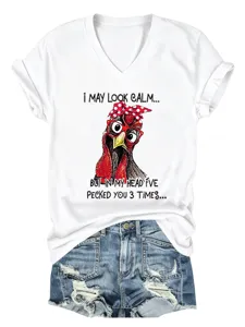 Women V-Neck Short Sleeve T-Shirt Casual White Tee with Funny Chicken Graphic Print