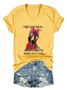 Casual women's V-neck short sleeve t-shirt with funny chicken graphic print for daily wear.