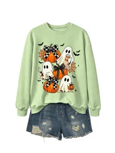 Damen Halloween Geist Kürbis Grafik Langarm Sweatshirt mit Jeansshorts Set Outfit.
