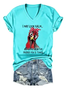 Turquoise V-neck short sleeve women t-shirt featuring funny chicken graphic and quote print.