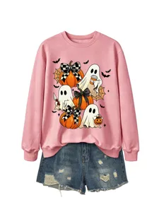 Modische Damen Geist Kürbis Schleife Sweatshirt Halloween Pullover Rosa Freizeit Top