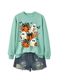 Damen Halloween Geist Kürbis Grafik Sweatshirt kombiniert mit Jeansshorts lässiges Top.
