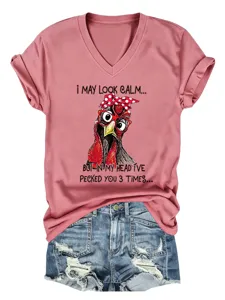 Women's short sleeve V-neck graphic tee featuring funny chicken print casual summer top.