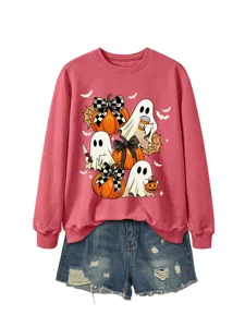 Damen Halloween Geist Kürbis Pullover mit Jeansshorts süsser lässiger Langarm Oberteil