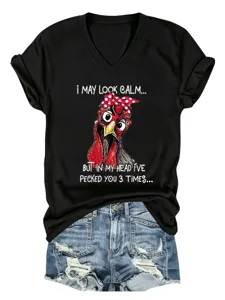 Women's casual funny printed V-neck short sleeve black T-shirt detail view and nice style.