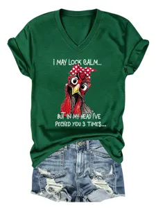 Detailed view of dark green V-neck short sleeve t-shirt with funny chicken graphic print.