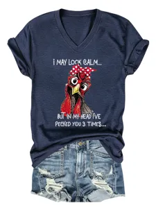 Women casual V-neck short sleeve t-shirt with funny chicken graphic and cute slogan print top.