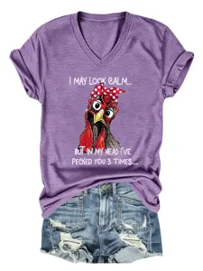 Women funny chicken print V-neck short sleeve casual purple t-shirt summer fashion top
