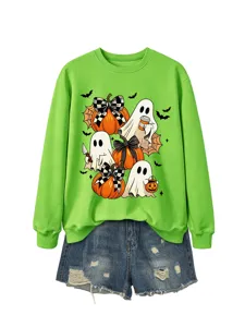 Damen Halloween Geist und Kürbis Grafik Druck Langarm grünes Sweatshirt Detailaufnahme