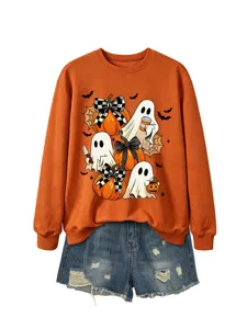 Damen Halloween Geist Kürbis Print Sweatshirt mit Destroyed Jeansshorts Freizeit.