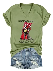 Women funny chicken graphic V-neck short sleeve olive green t-shirt casual top summer wear
