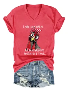 Women casual V-neck short sleeve t-shirt with funny chicken graphic and denim shorts.
