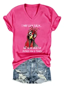 Women's Funny Chicken Graphic V-Neck Short Sleeve Casual T-Shirt Summer Tops