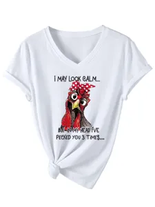 Funny chicken graphic women V-neck short sleeve casual white t-shirt for daily wear.