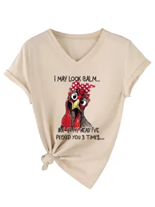 Women V-Neck Short Sleeve T-Shirt Casual Funny Chicken Graphic Knot Hem Summer Tee
