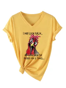 Women V-neck Short Sleeve Graphic T-Shirt Casual Funny Chicken Print Yellow Tee Top
