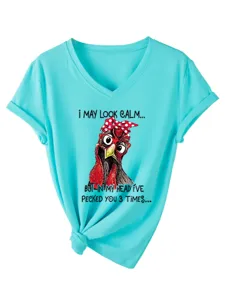 Women's funny graphic V-neck short sleeve t-shirt casual summer turquoise top apparel
