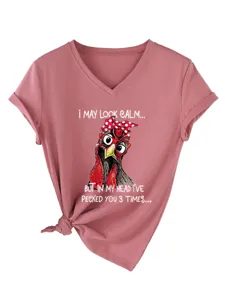 Women casual V-neck short sleeve T-shirt with funny chicken graphic print. Soft and comfy.