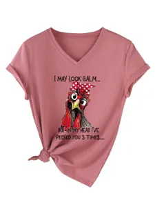 Women funny chicken graphic V-neck short sleeve casual pink t-shirt comfortable summer top.