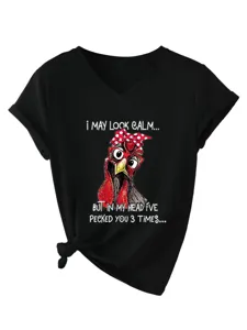 Women V-Neck Short Sleeve T-Shirt Funny Chicken Graphic Casual Tee Casual Summer Tops