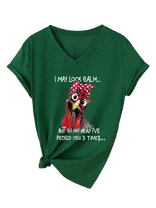 Women green V-neck short sleeve graphic t-shirt with funny chicken print and knot hem.