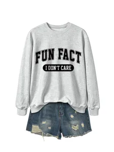Sweat-shirt gris femme col rond manches longues impression lettre haut decontracte chic