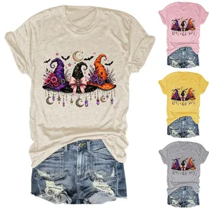 Women's Halloween Witch Hats Bat Moon Short Sleeve Crew Neck Casual T-Shirt Top