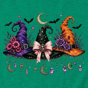 Women witch hats graphic short sleeve t-shirt, casual trendy moon bats tee detail view.