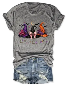 Women casual grey short sleeve t-shirt with halloween witch hats graphic print design.